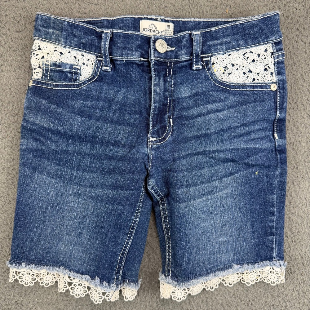 Jordache Girls Blue Denim Shorts Size 10 White Lace Crochet Trim Frayed Hem